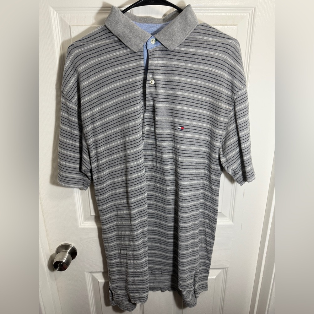 Vintage Gray Striped Tommy Hilfiger Polo Size Large